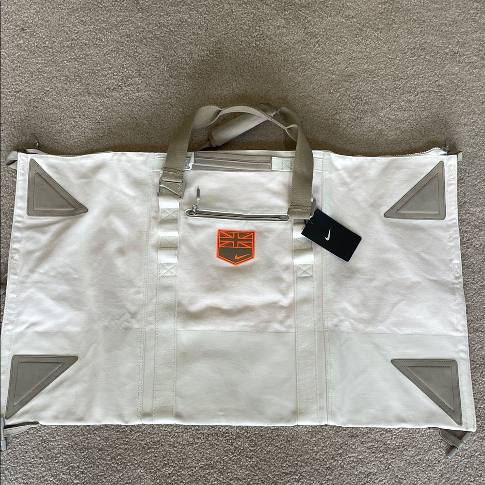 Nike White Duffel Bag/Garmet Bag with Orange Logo and Gray Accents